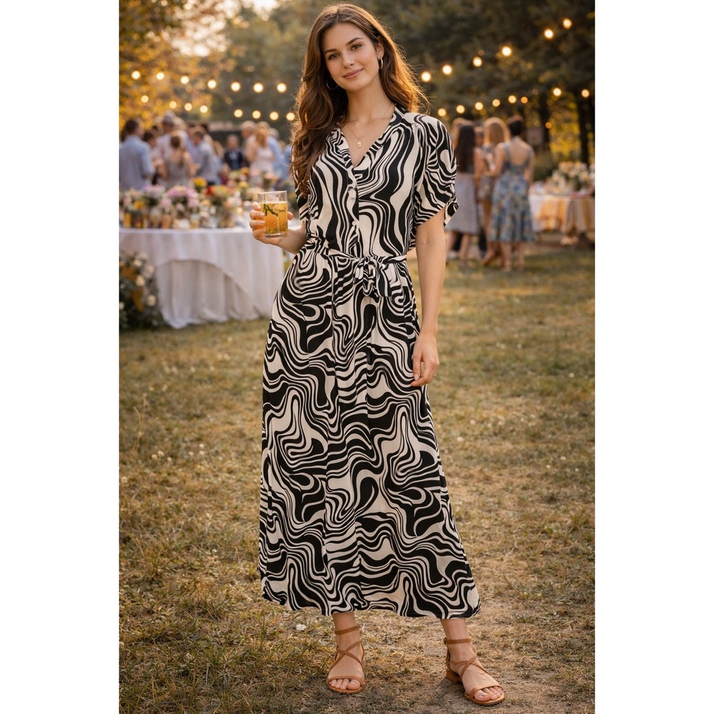Maximalist Boho Artsy Summer Black Cream Swirl Lagenlook Vacation‎ Maxi XL Dress